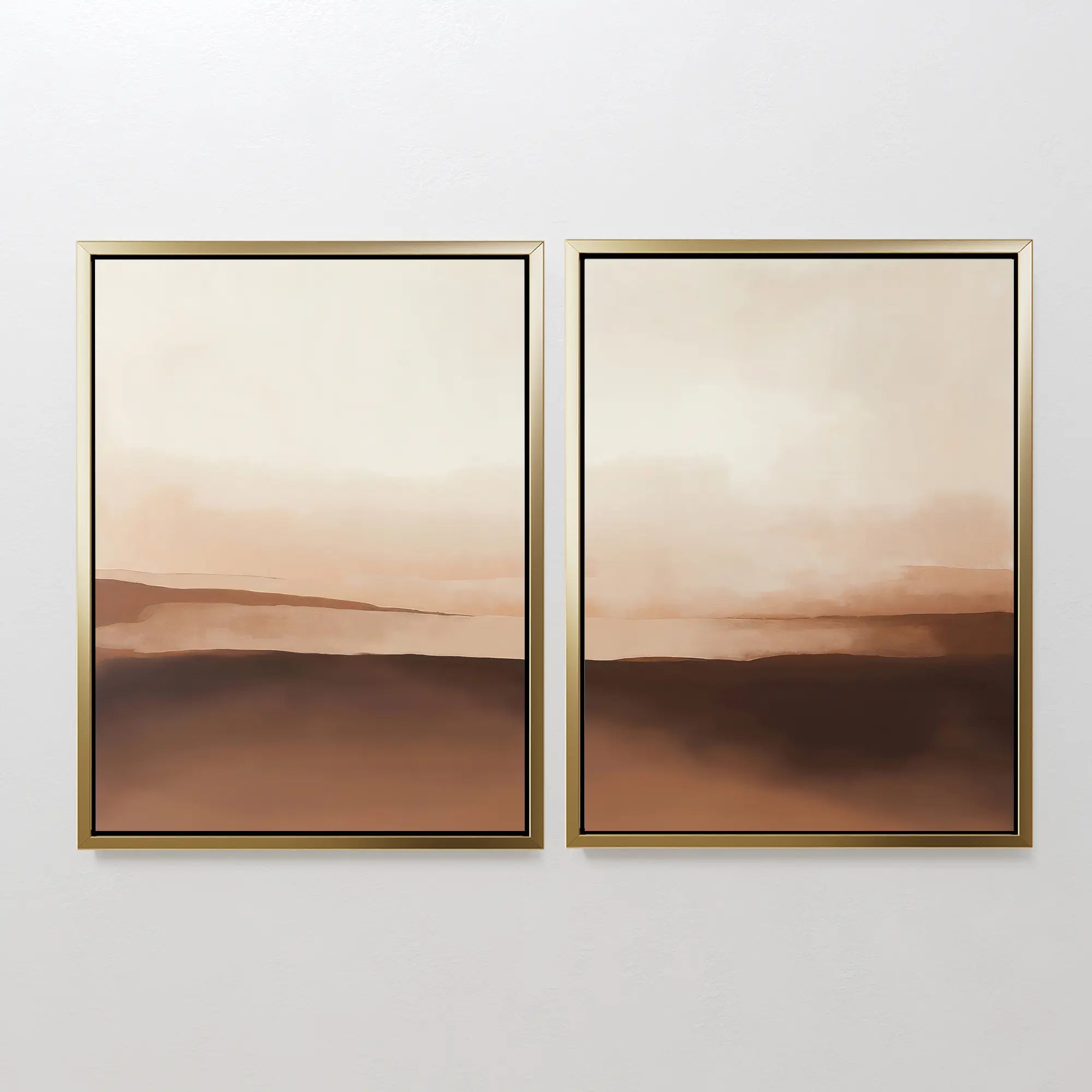 The Desert Landscape Set of 2 features framed abstract paintings in soft brown, beige, and cream tones with blended horizontal layers—perfect minimalist wall art to complement neutral interiors and add a calming desert vibe.
