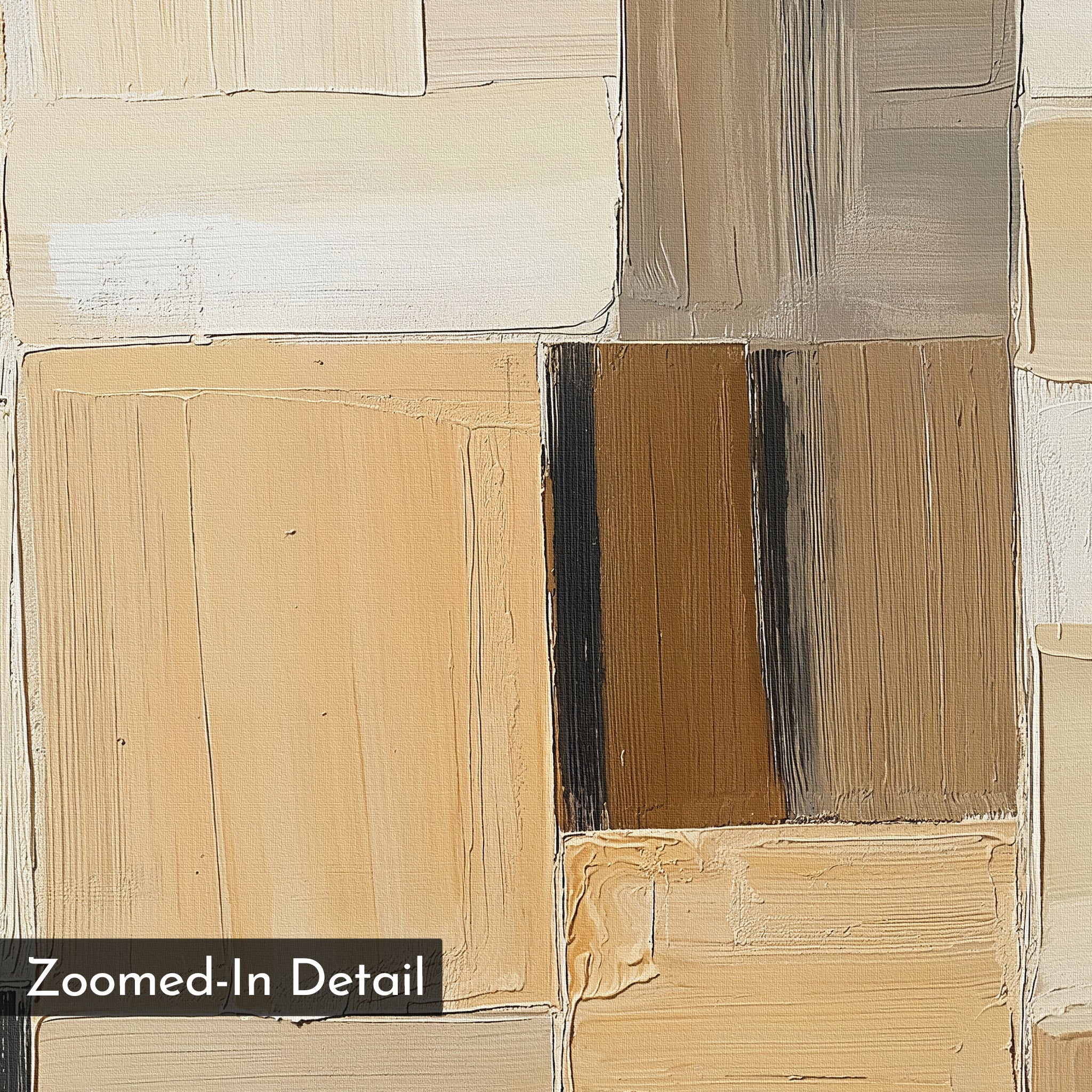 Zoomed-in detail of the Desert Mosaic Abstract Canvas Art shows a geometric pattern of rectangular blocks in beige, cream, tan, brown, and gray with thick, textured brushstrokes adding depth to this minimalist wall art.