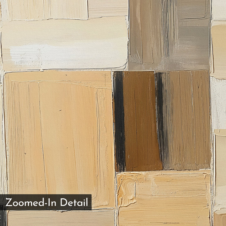 Zoomed-in detail of the Desert Mosaic Abstract Canvas Art shows a geometric pattern of rectangular blocks in beige, cream, tan, brown, and gray with thick, textured brushstrokes adding depth to this minimalist wall art.