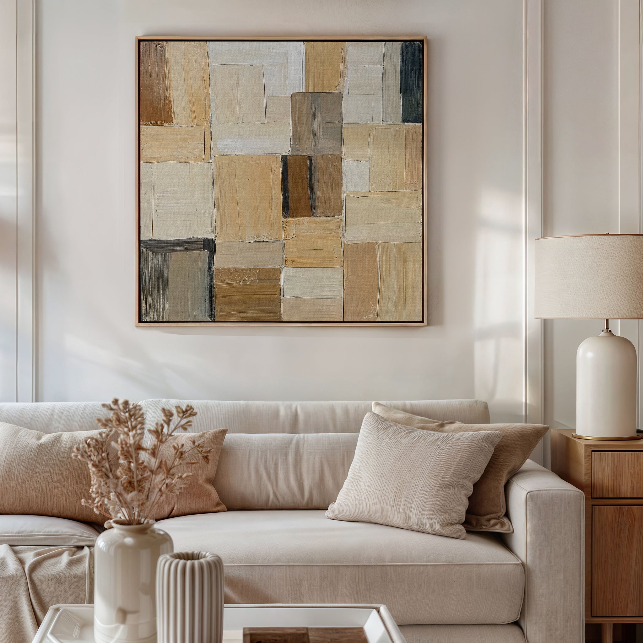 A modern living room with a beige sofa, neutral pillows, dried flowers in a vase, a table lamp, and the Desert Mosaic Abstract Canvas Art featuring tan, cream, and brown geometric patterns hanging on the wall.