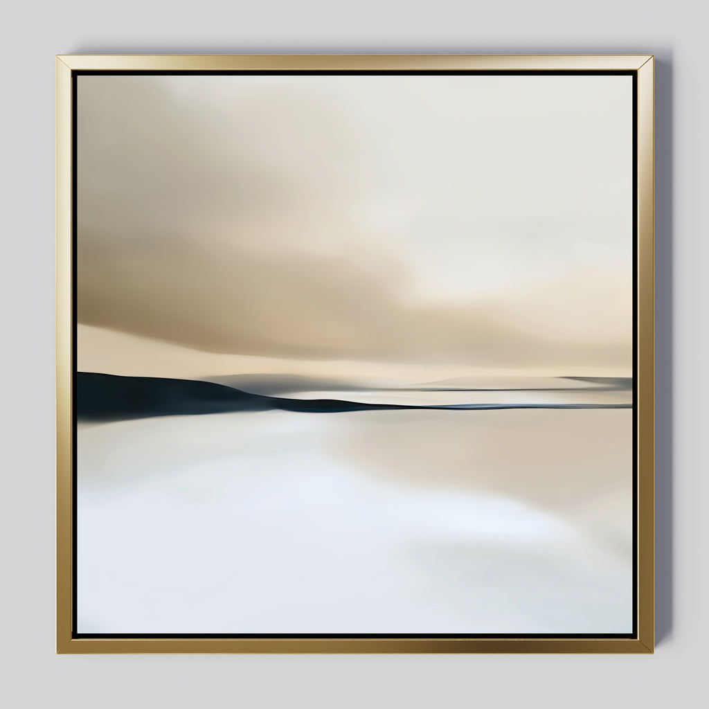 Desert Quietude Abstract Canvas Art in a gold frame features soft, blurred neutral tones of beige, gray, and white—an abstract landscape with a distant horizon under a cloudy sky, perfect for minimalist living room decor.