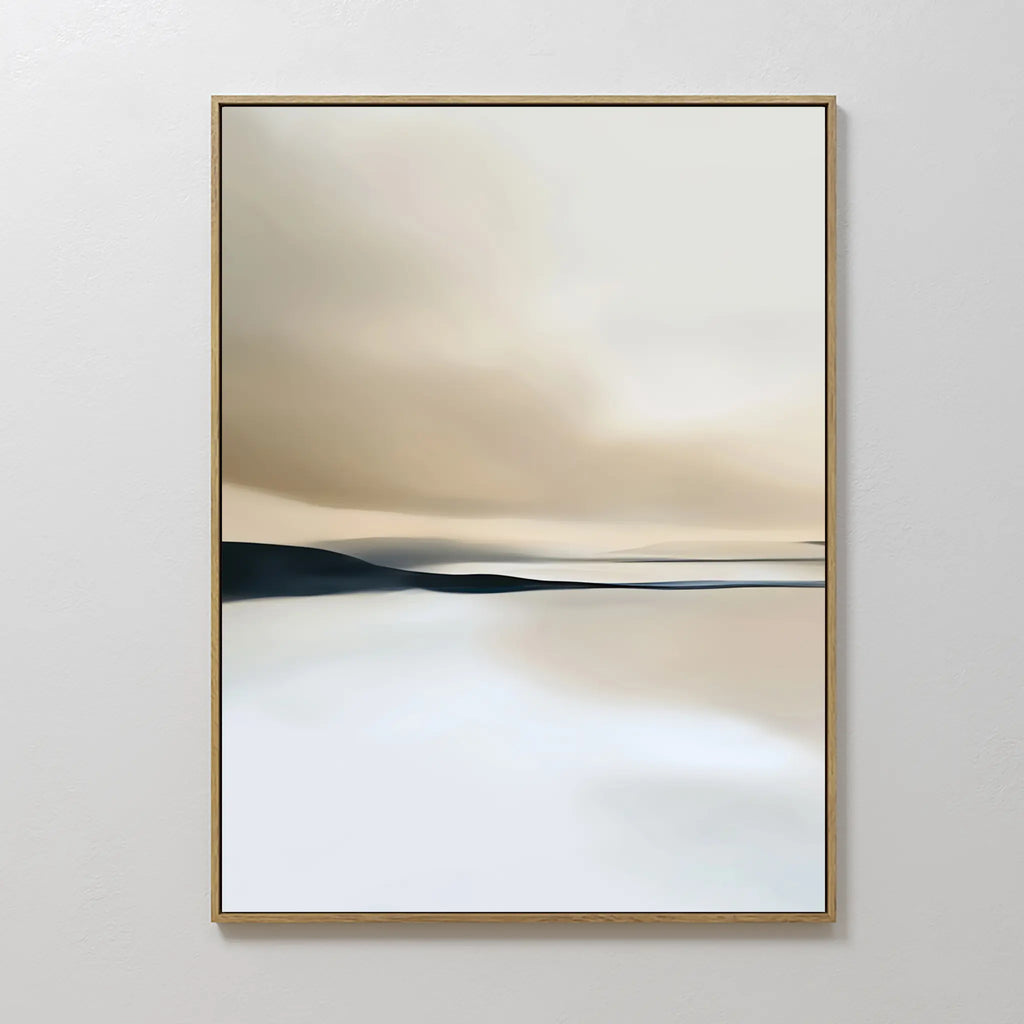 Desert Quietude Canvas Art – Vertical features soft, blurred neutral tones of beige, cream, and gray, evoking a serene landscape with a calm sky—perfect minimalist wall art for living room decor.