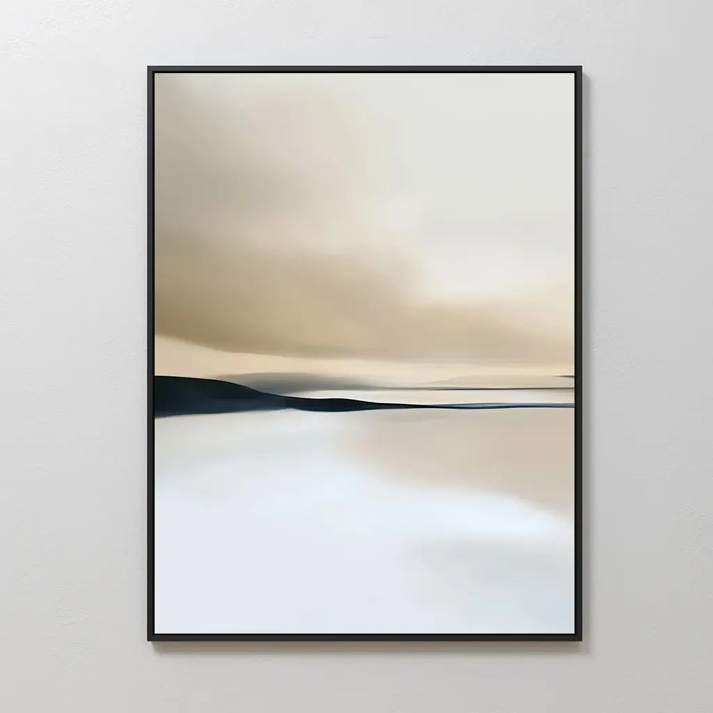Desert Quietude Canvas Art – Vertical features soft, blurred shades of beige, white, and gray, evoking a calm landscape with a dreamy sky—ideal living room decor when framed and displayed on a light-colored wall.