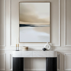 A minimalist entryway features a black and white console with candles, jars, and vases beneath the Desert Quietude Canvas Art – Vertical—large, neutral-toned wall art on a paneled wall—perfect chic living room decor inspiration.