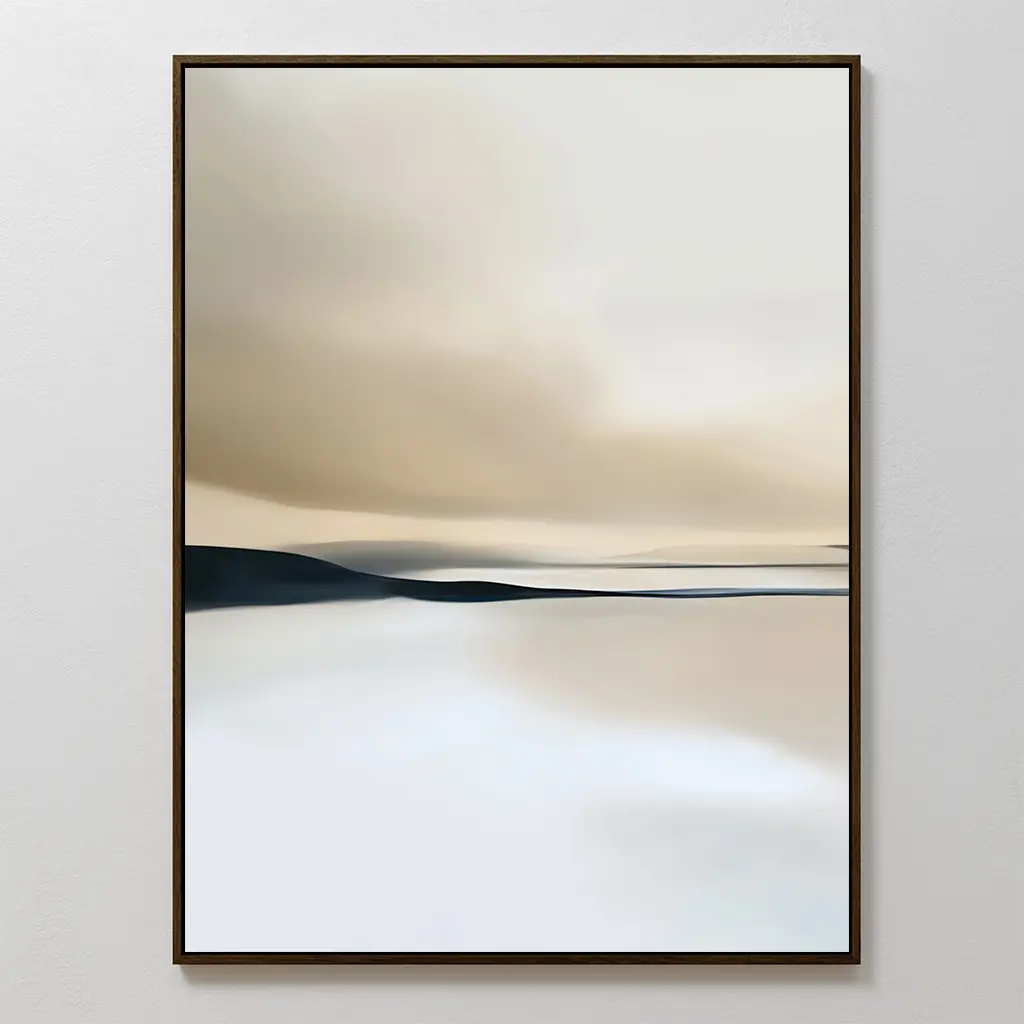 Desert Quietude Canvas Art – Vertical features smooth, blurred shapes in neutral tones, evoking a serene desert landscape with a pale sky and reflective water. Set in a thin, dark frame—perfect for living room decor.