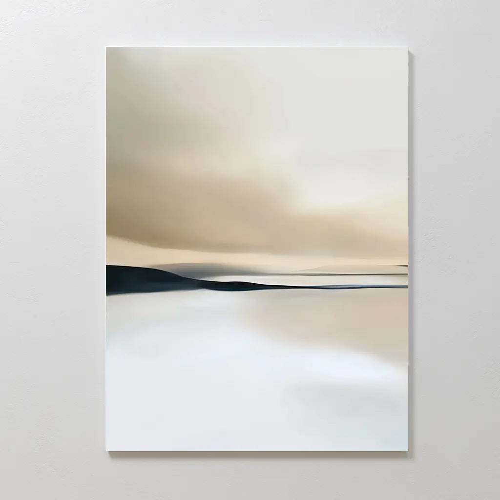 The Desert Quietude Canvas Art – Vertical features soft, blurred tones of beige, white, and gray in a minimalist abstract desert landscape, ideal for adding serenity to living room decor on a light-colored wall.