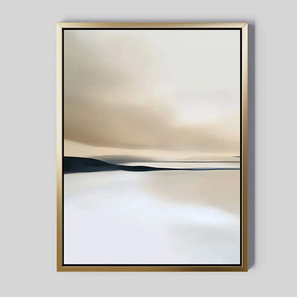 Desert Quietude Canvas Art – Vertical features soft, blurred beige and gray tones in a gold frame, evoking a serene abstract desert landscape. Ideal for modern living rooms, its calming colors and smooth transitions bring peaceful elegance to your space.