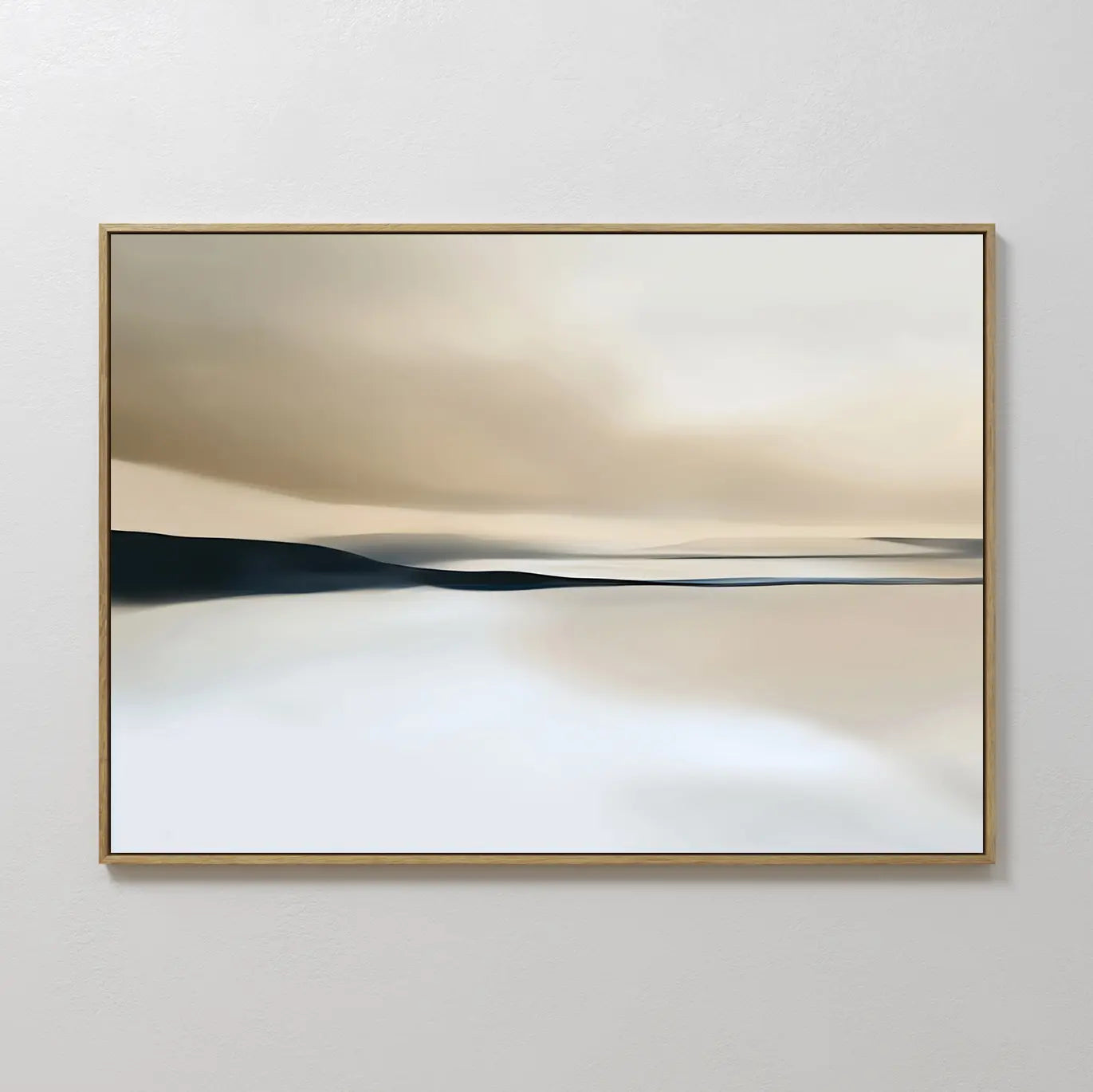 Desert Quietude Canvas Art – Horizontal: a framed abstract desert landscape in soft beige, white, and dark brown tones, featuring a serene horizon with blurred lines—ideal minimalist wall art for calming living room decor.