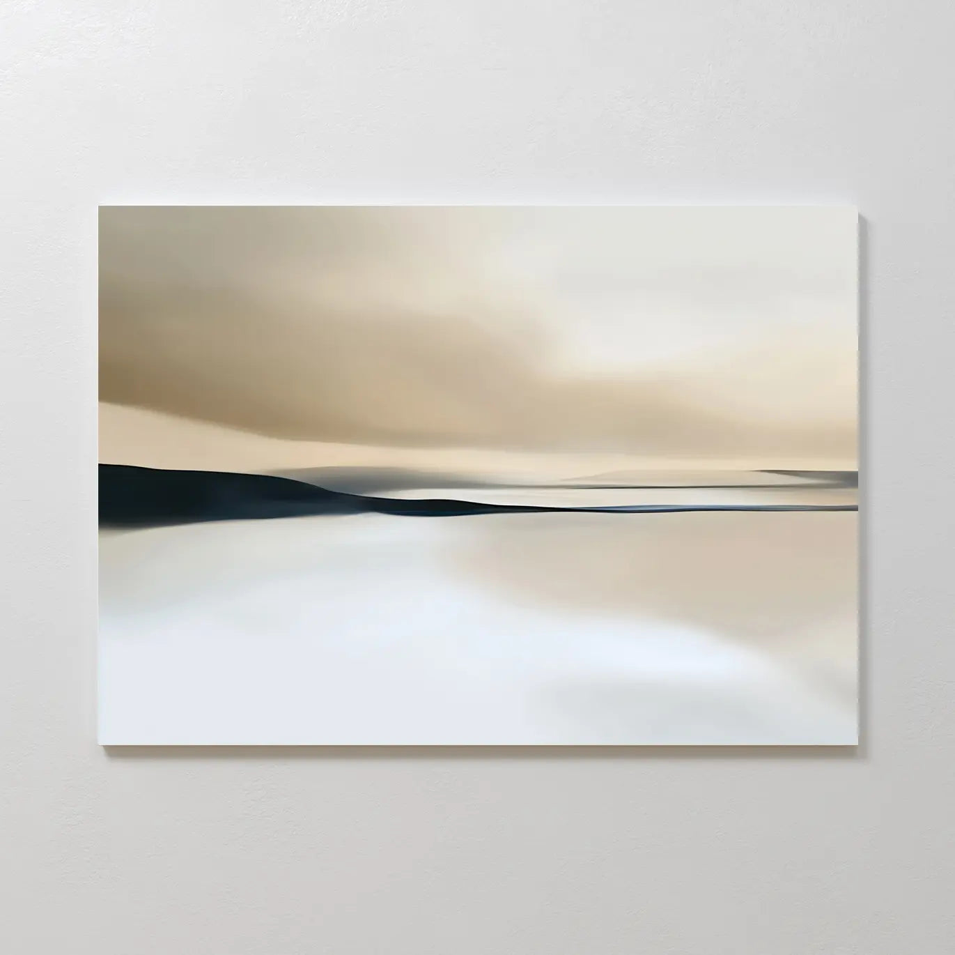 Desert Quietude Canvas Art – Horizontal features minimalist wall art in soft, blurred beige, white, and gray tones evoking an abstract desert landscape—ideal for adding elegance to your living room decor.