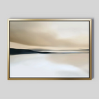 Desert Quietude Canvas Art – Horizontal is a minimalist landscape in a gold frame, with soft beige, white, and black tones that evoke water, land, and sky—serene wall art perfect for modern living room decor.