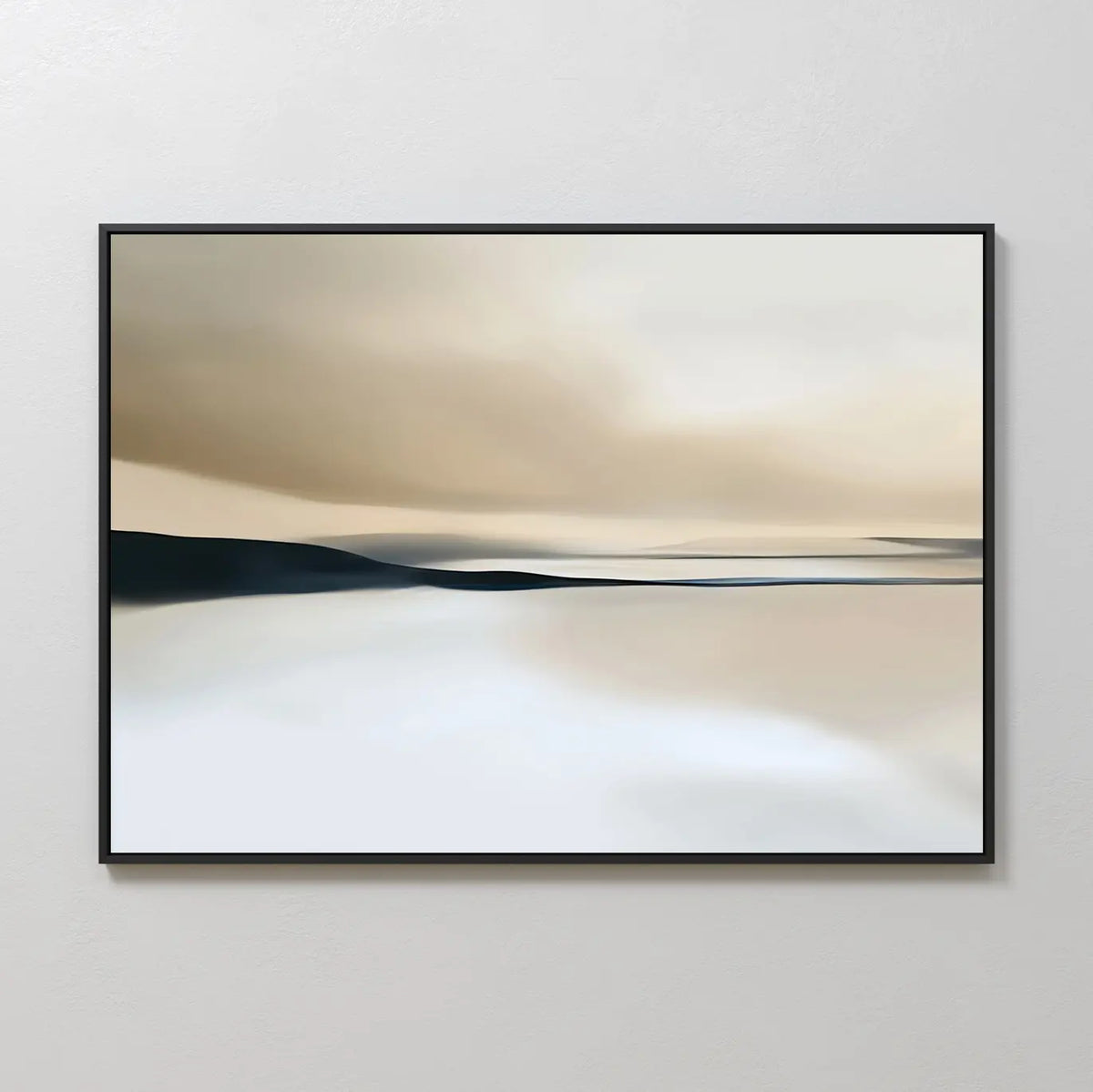 The Desert Quietude Canvas Art – Horizontal, set in a black frame, features soft beige, white, and muted gray tones evoking distant hills and a cloudy sky—an ideal minimalist addition to modern living room decor.