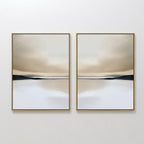 The Desert Quietude Set of 2 features abstract desert landscape prints in beige, brown, and gray with a calm sky and water. Each minimalist piece is framed in thin gold, ideal for side-by-side display as modern living room decor.