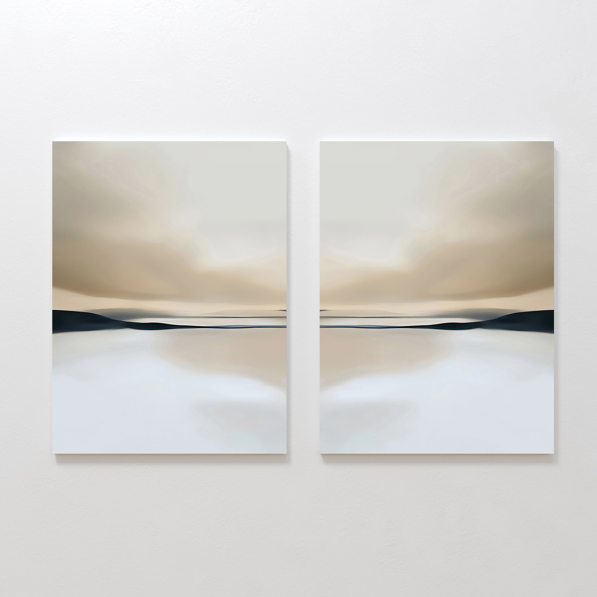 The Desert Quietude Set of 2 features abstract landscapes in soft beige, white, and gray tones, evoking a calm sky over water—perfect minimalist wall art to create serene living room decor.