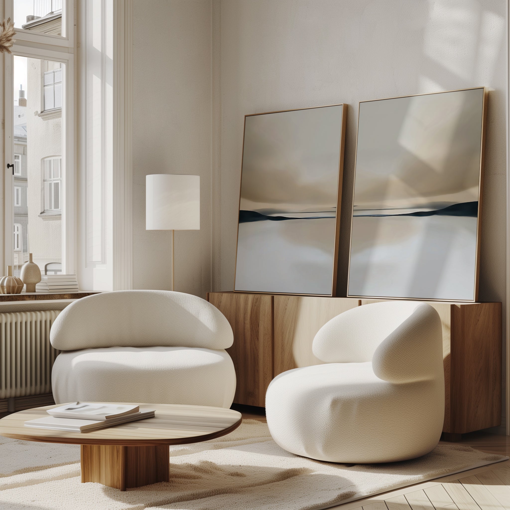 A modern living room features the Desert Quietude Set of 2 white curved armchairs, a low wooden coffee table, and a sideboard with minimalist wall art. Large windows fill the space with natural light, creating a bright, airy atmosphere.