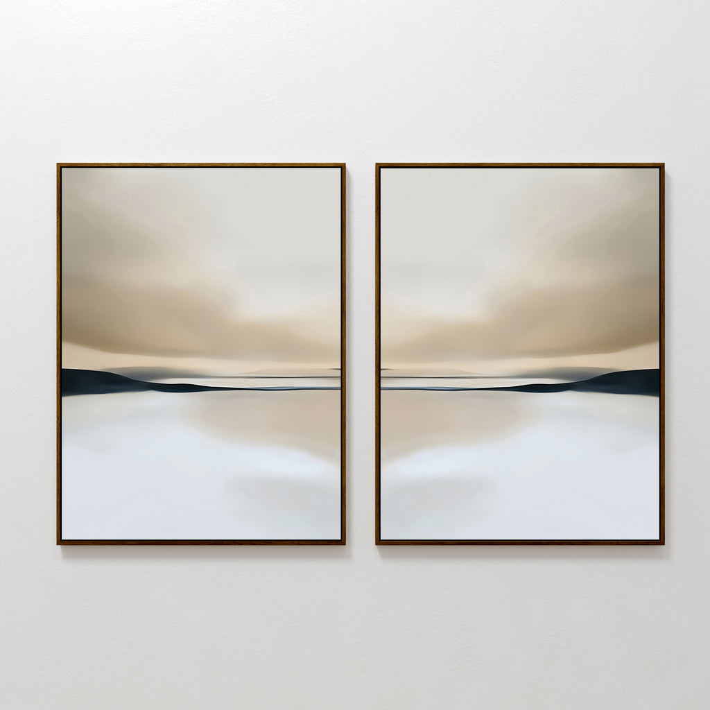 The Desert Quietude Set of 2 features minimalist framed wall art in soft beige, gray, and white tones with blurred horizons, creating a calm, serene vibe—perfect for adding tranquility to your living room decor.