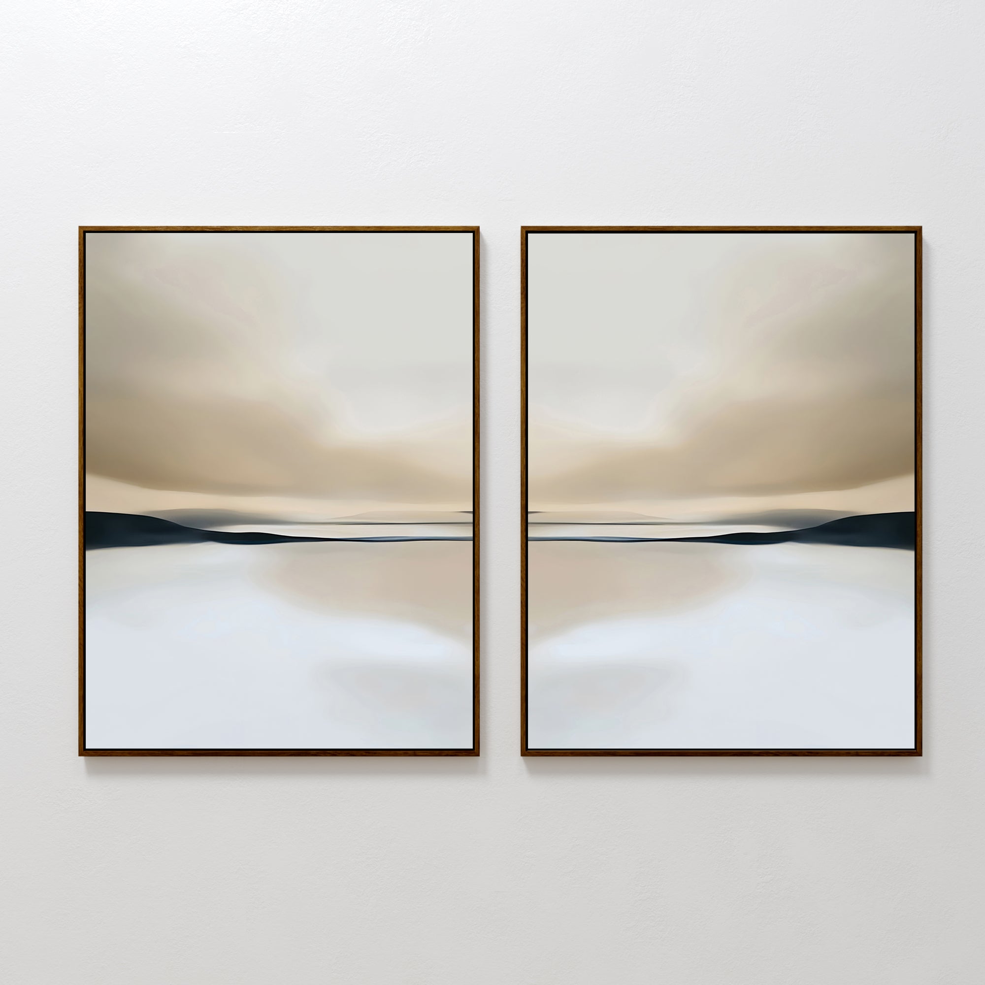 The Desert Quietude Set of 2 features minimalist framed wall art in soft beige, gray, and white tones with blurred horizons, creating a calm, serene vibe—perfect for adding tranquility to your living room decor.