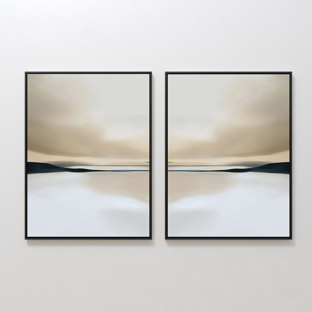 The Desert Quietude Set of 2 features framed abstract landscapes in soft beige, brown, and blue tones with blurred horizons. This minimalist wall art brings a calm, elegant touch to any living room when displayed on a white wall.