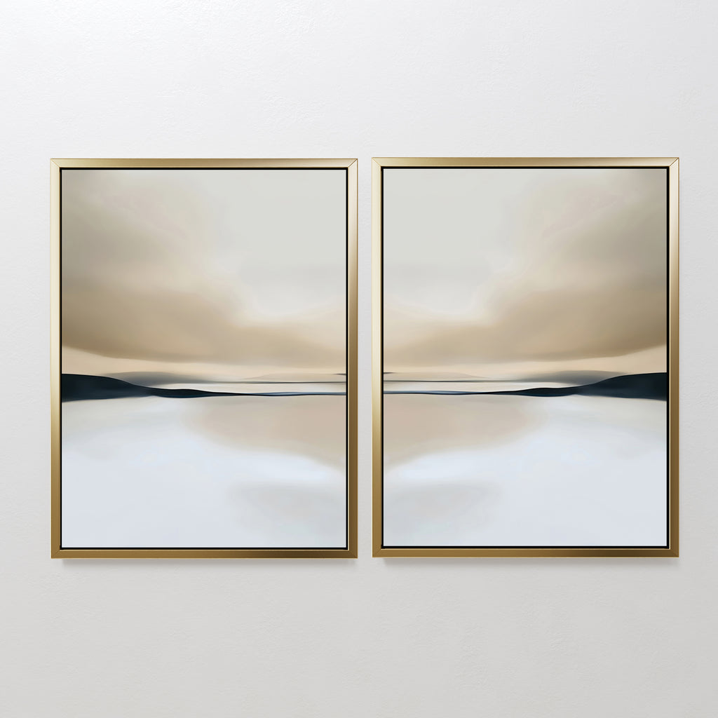 The Desert Quietude Set of 2 features abstract desert landscapes in gold frames, with soft beige, brown, and blue tones and blurred horizons—ideal minimalist wall art to bring a calm, serene touch to your living room decor.