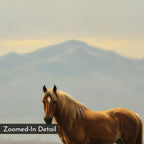 A chestnut horse stands before misty blue mountains under cloudy skies in a zoomed-in, painted style. "Zoomed-In Detail" text appears in a black box. Perfect as Desert Watch Canvas Art for your wall.
