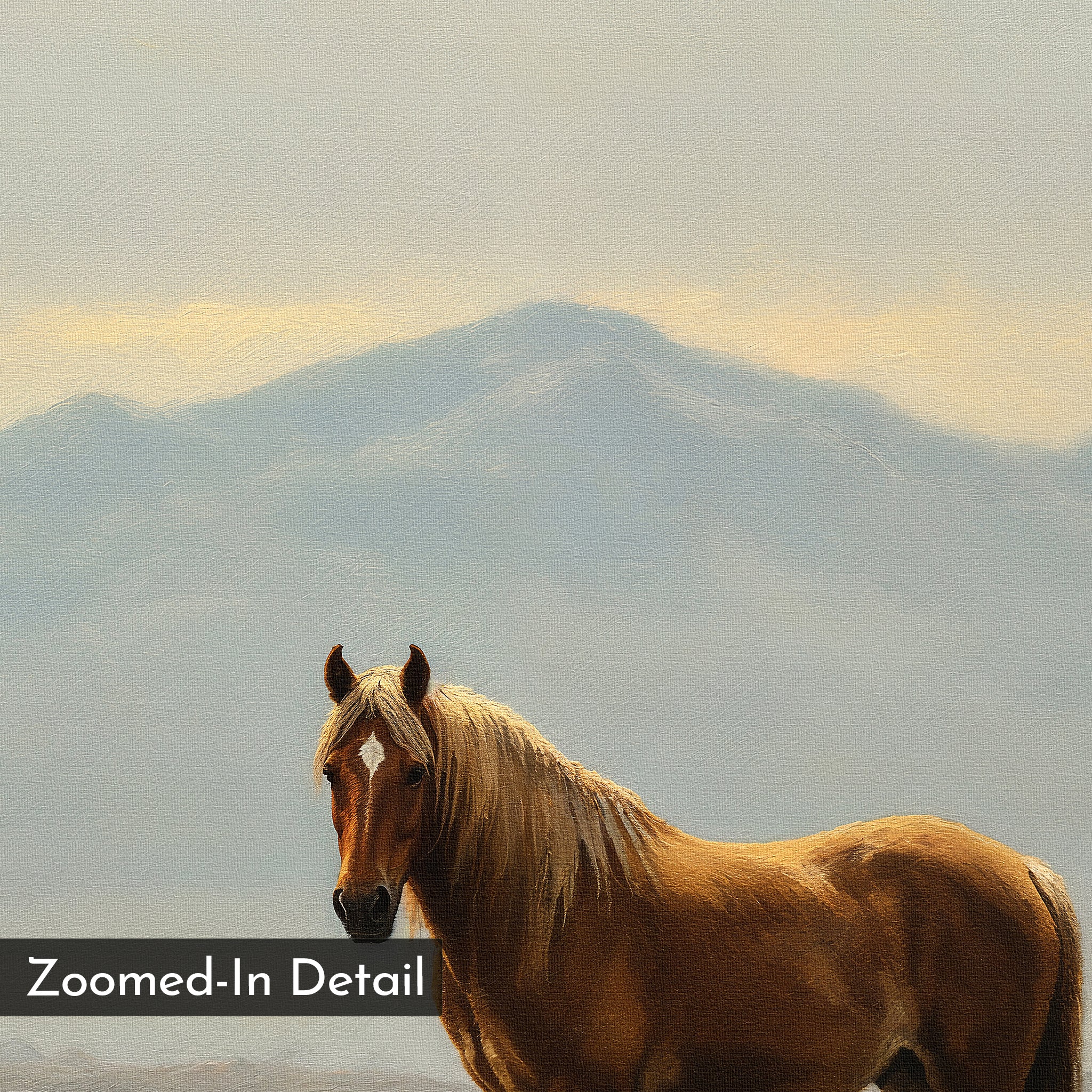 A chestnut horse stands before misty blue mountains under cloudy skies in a zoomed-in, painted style. "Zoomed-In Detail" text appears in a black box. Perfect as Desert Watch Canvas Art for your wall.