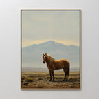 The Desert Watch Canvas Art features a framed chestnut horse standing on rocky ground with mountains and clouds in the background, displayed on a plain white wall.