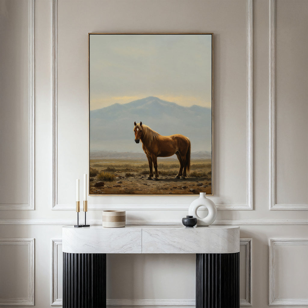 The Desert Watch Canvas Art is showcased above a modern console table with decor, adding a Nordic Park-inspired touch to a minimalist, neutral room with mountain scenery.