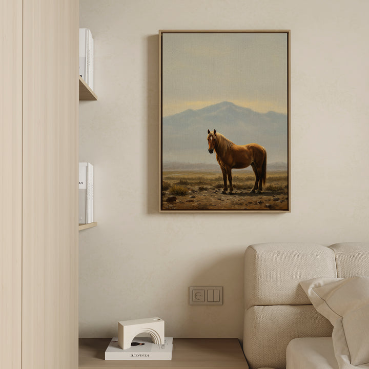 The Desert Watch Canvas Art, featuring a chestnut horse in a desert scene, is displayed above a light sofa with shelves and books to the left, bringing elegance to this Nordic Park-inspired room.