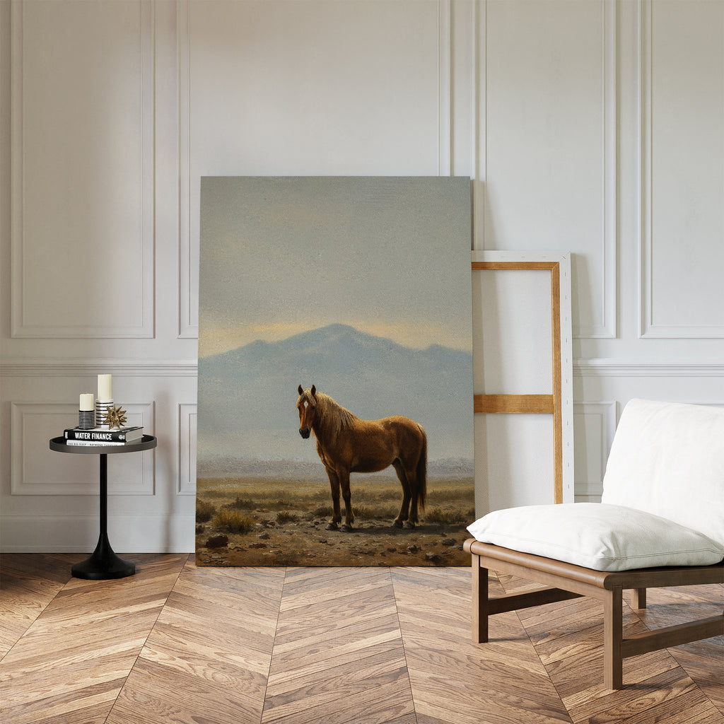 The Desert Watch Canvas Art leans against a white paneled wall in a stylish room with wood floors, a cushioned chair, and a small table with candles, bringing desert-inspired flair to the serene decor.