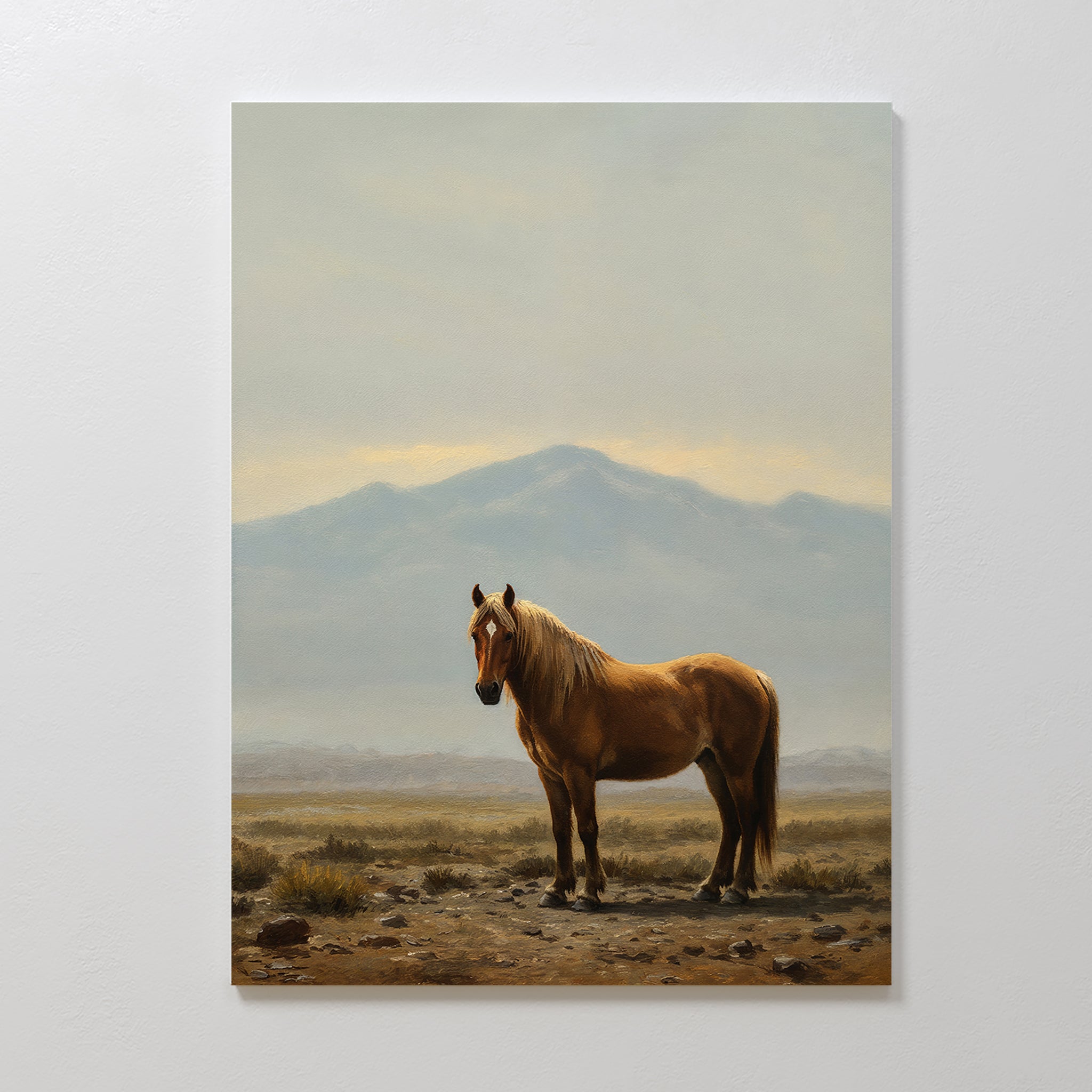 Desert Watch Canvas Art features a realistic chestnut horse standing on rocky ground beneath a cloudy sky with distant mountains, creating a calm and serene mood—ideal for Nordic Park or desert-themed wall art collections.