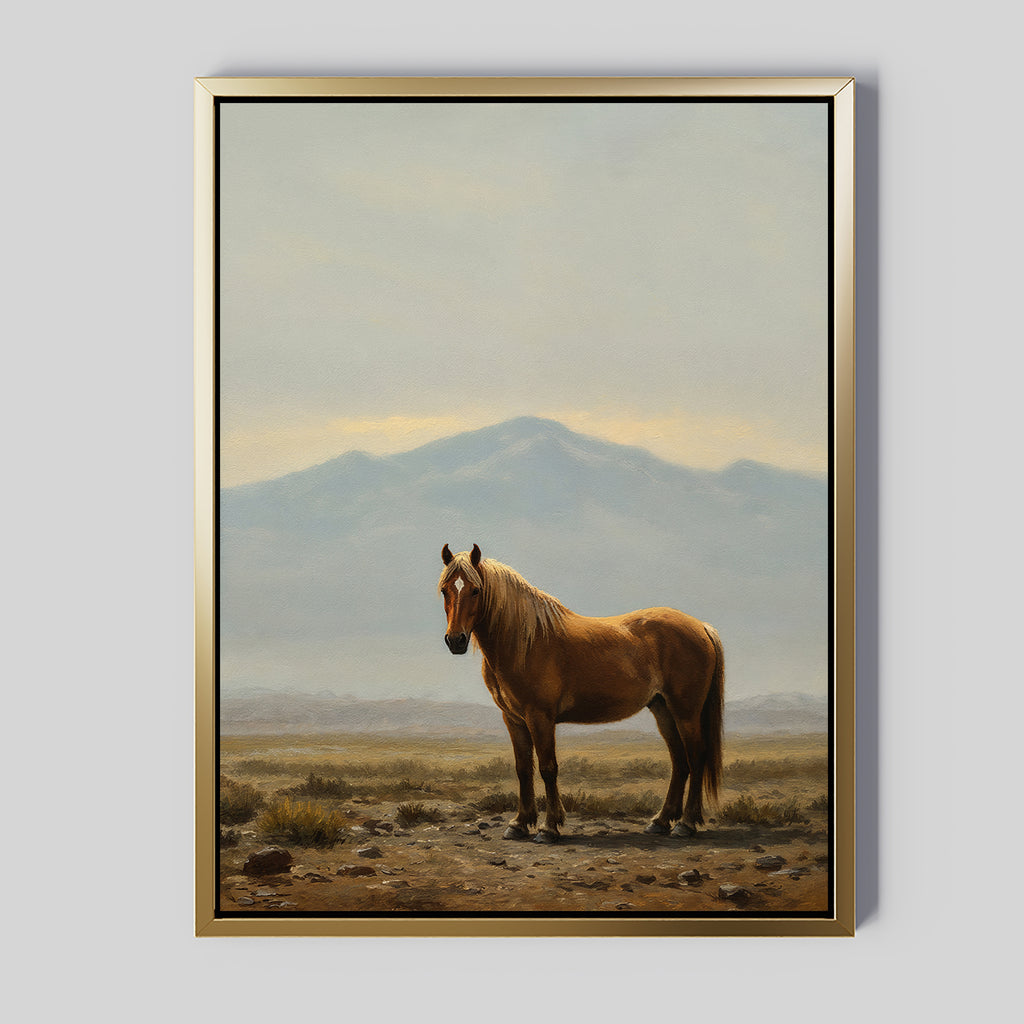 Desert Watch Canvas Art showcases a chestnut horse on rocky terrain with distant mountains and a cloudy sky, framed in a thin gold frame for an elegant touch to any space.