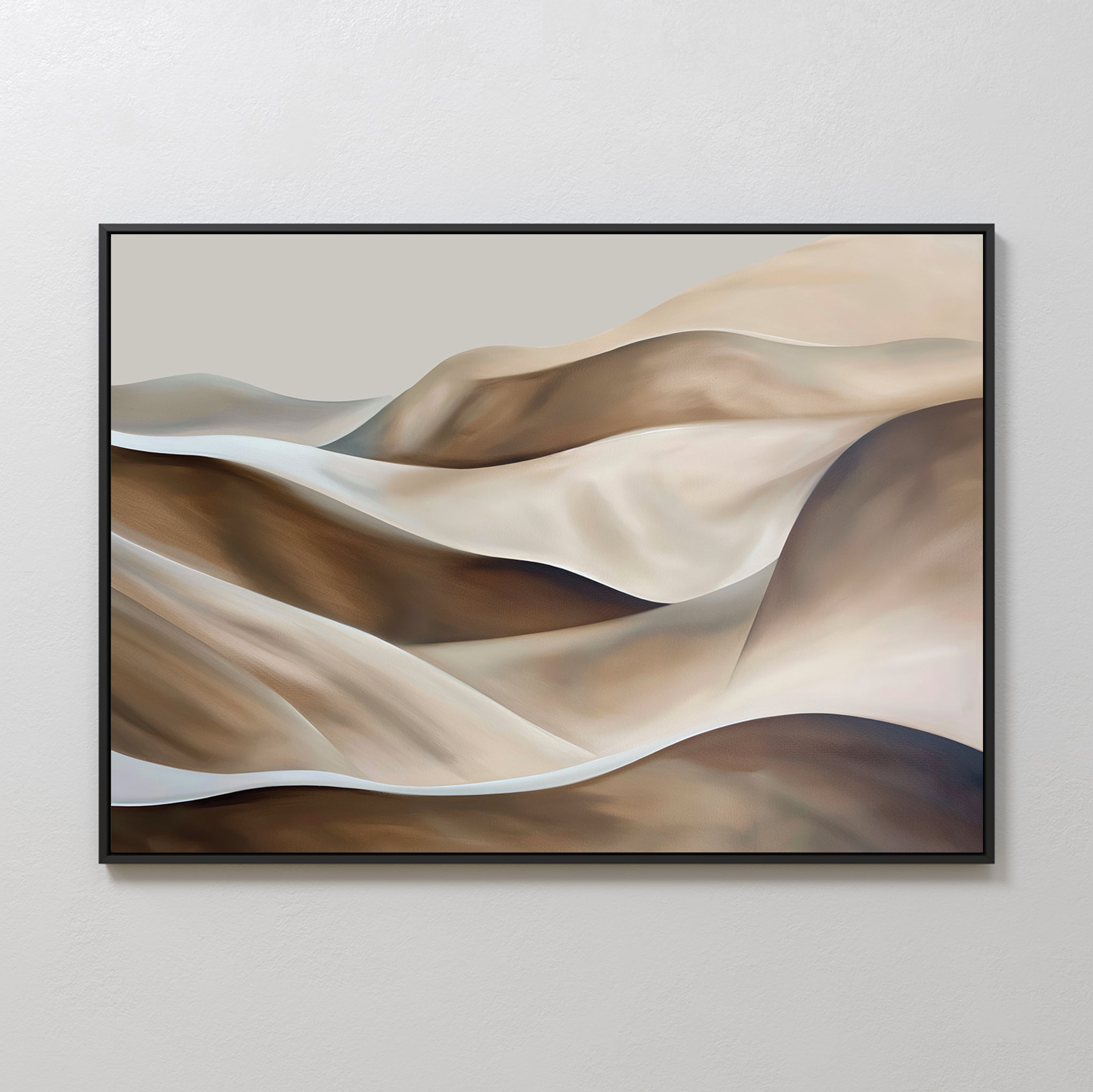 Desert Waves Abstract Canvas Art features rolling hills in brown, beige, and cream with smooth lines and soft gradients. This minimalist wall art comes framed and mounted on a light gray wall for modern elegance.