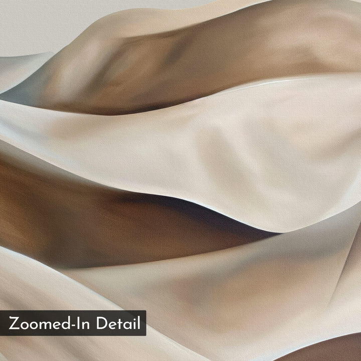 Abstract, zoomed-in view of smooth, layered beige and brown tones, resembling flowing dunes. Desert Waves Abstract Canvas Art captures modern minimalist elegance. Text in the corner reads Zoomed-In Detail.