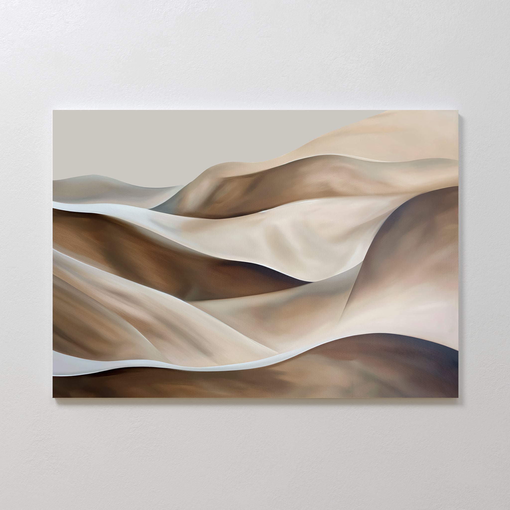 Desert Waves Abstract Canvas Art features minimalist rolling sand dunes in beige, brown, and cream with soft lines under a light gray sky—ideal for adding serene modern elegance to any space.