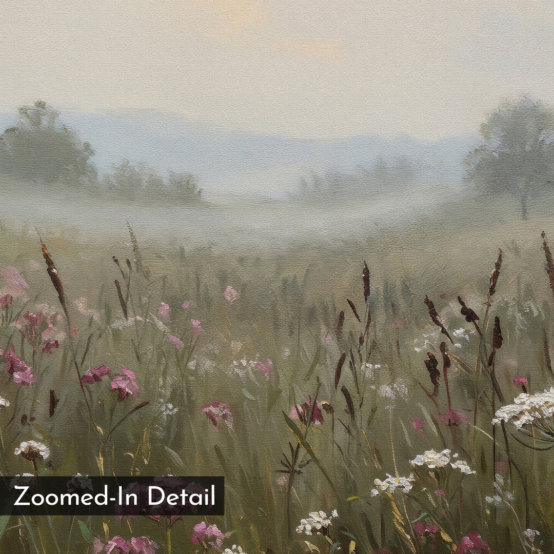 A close-up of a misty meadow with pink and white wildflowers and tall grasses fades into distant trees and hills. Labeled "Distant Fields Canvas Art," it adds minimalist charm to your wall decor.