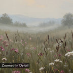A close-up of a misty meadow with pink and white wildflowers and tall grasses fades into distant trees and hills. Labeled "Distant Fields Canvas Art," it adds minimalist charm to your wall decor.