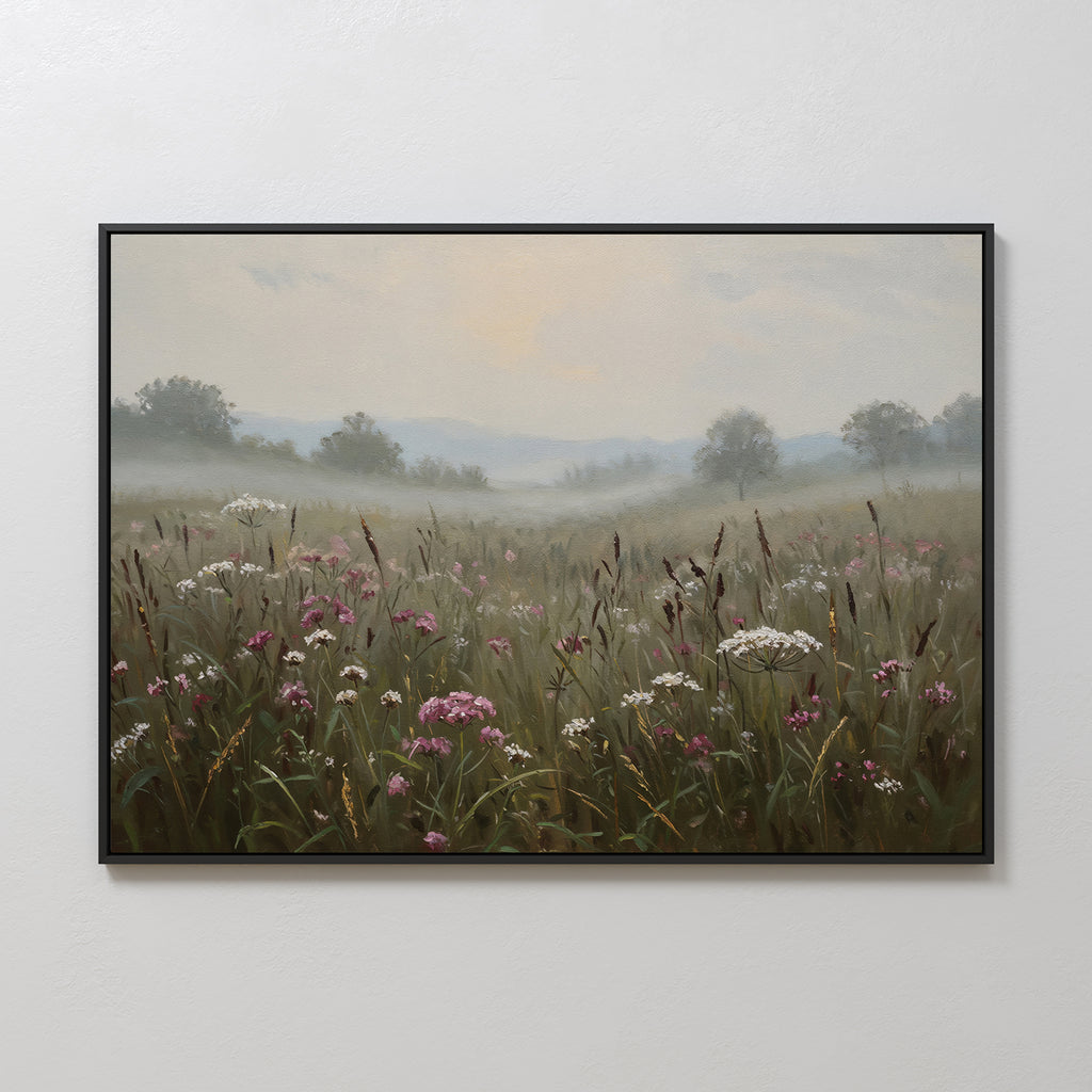 Add a tranquil touch to your space with the Distant Fields Canvas Art, a framed painting of a misty meadow with wildflowers and tall grasses in soft, muted colors beneath a pale sky and distant trees.