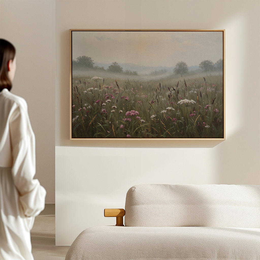 A woman admires Distant Fields Canvas Art—a nature-inspired, large print of a misty wildflower meadow—hanging above a light-colored sofa on a beige wall in a softly lit room.