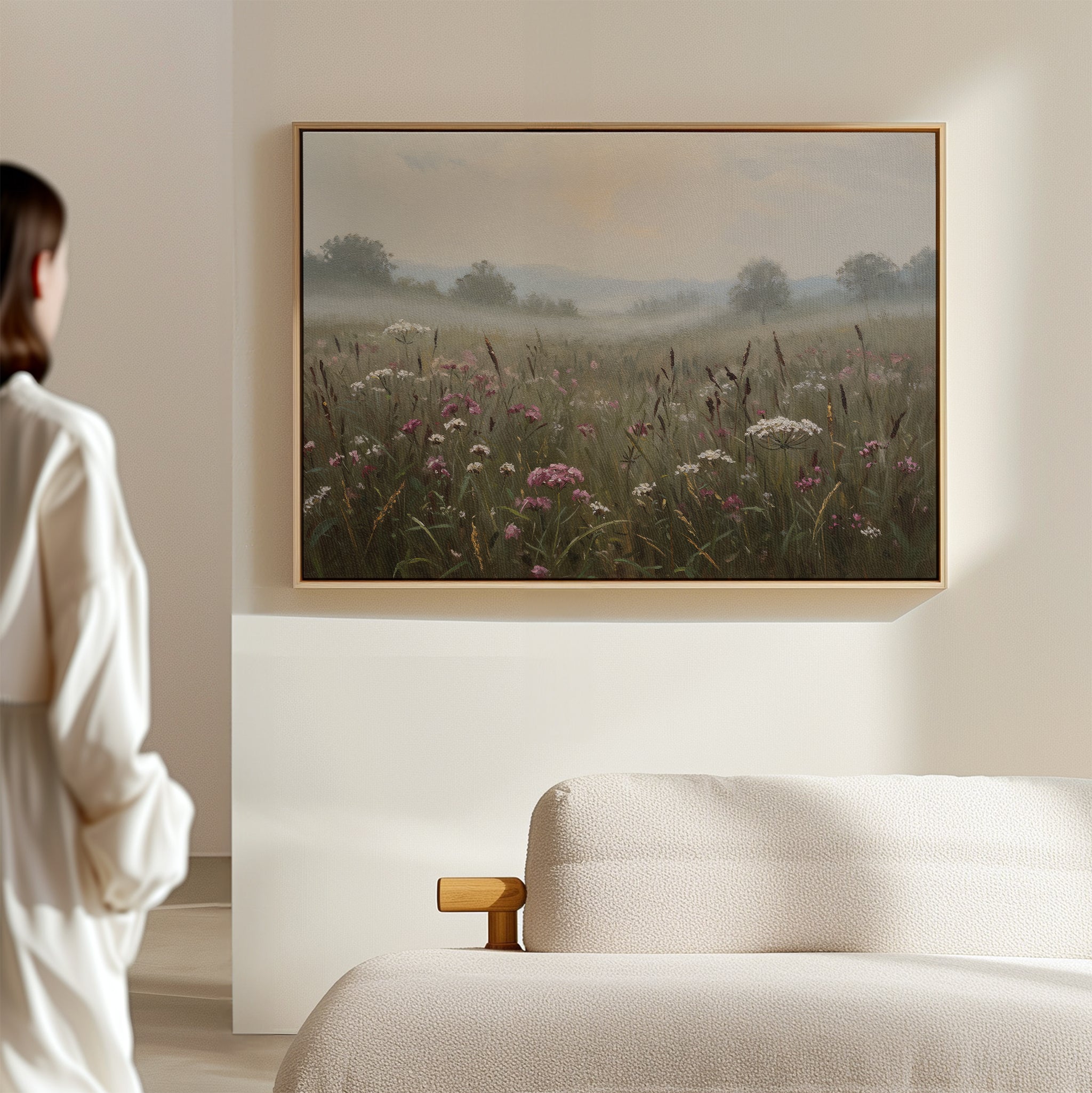 A woman admires Distant Fields Canvas Art—a nature-inspired, large print of a misty wildflower meadow—hanging above a light-colored sofa on a beige wall in a softly lit room.