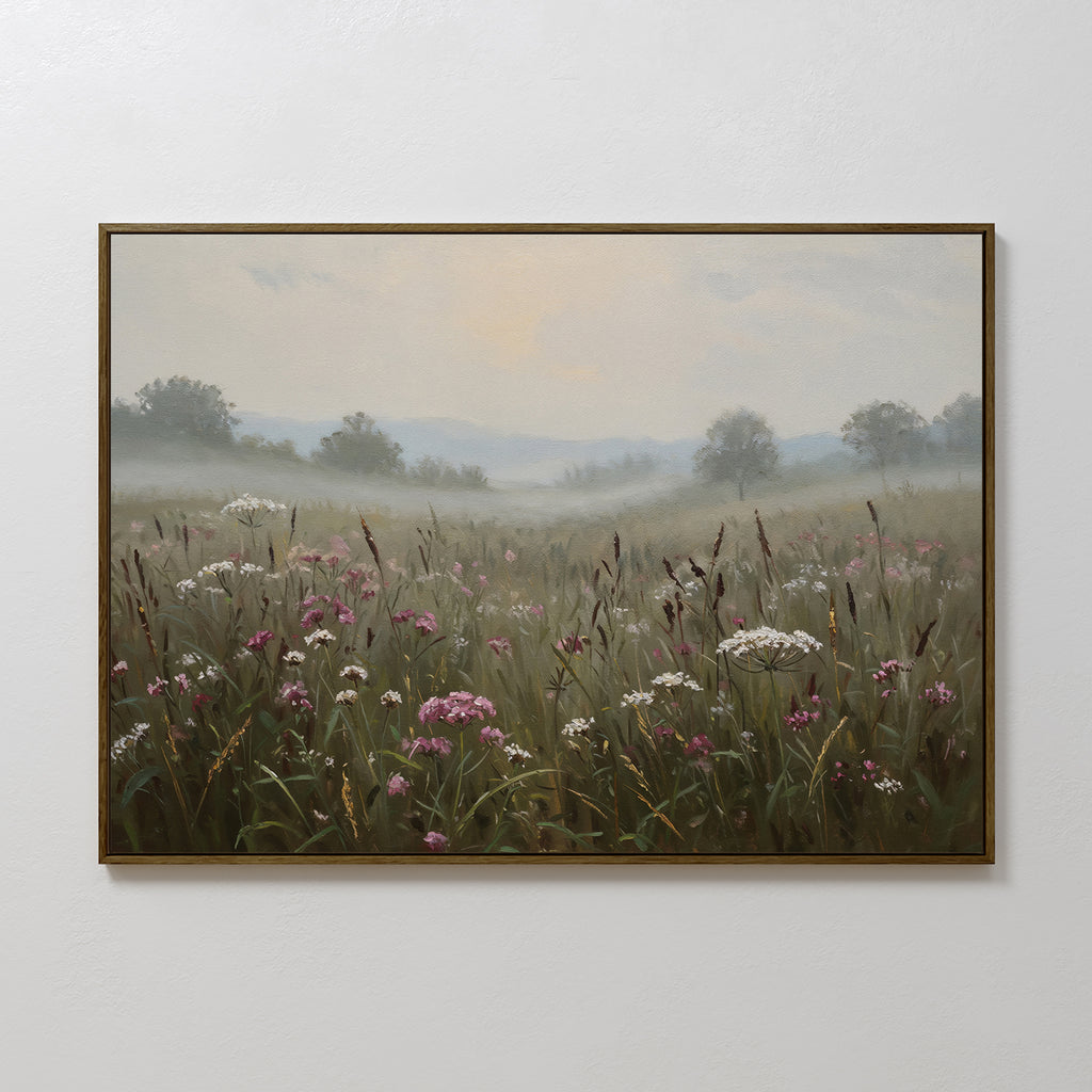 Bring natural serenity to your space with the Distant Fields Canvas Art, showcasing a misty meadow of tall grasses and pink-white wildflowers beneath a hazy sky—ideal as large print canvas décor.