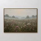 Bring natural serenity to your space with the Distant Fields Canvas Art, showcasing a misty meadow of tall grasses and pink-white wildflowers beneath a hazy sky—ideal as large print canvas décor.
