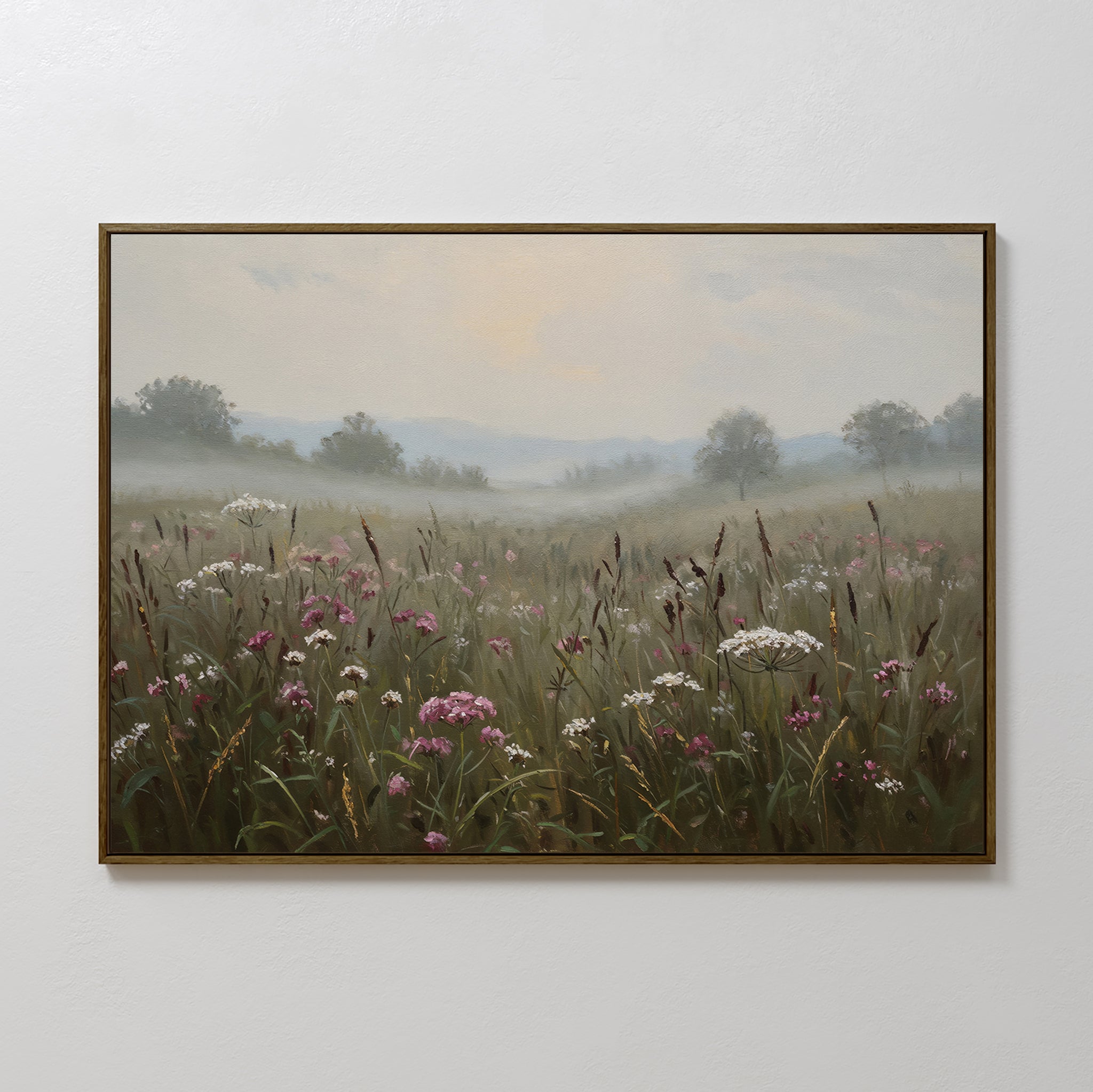 Bring natural serenity to your space with the Distant Fields Canvas Art, showcasing a misty meadow of tall grasses and pink-white wildflowers beneath a hazy sky—ideal as large print canvas décor.
