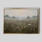 Distant Fields Canvas Art: A framed large print canvas featuring a misty meadow with pink and white wildflowers, tall grasses, and distant trees beneath an overcast sky. Nature-inspired wall art with soft hills fading into the mist.
