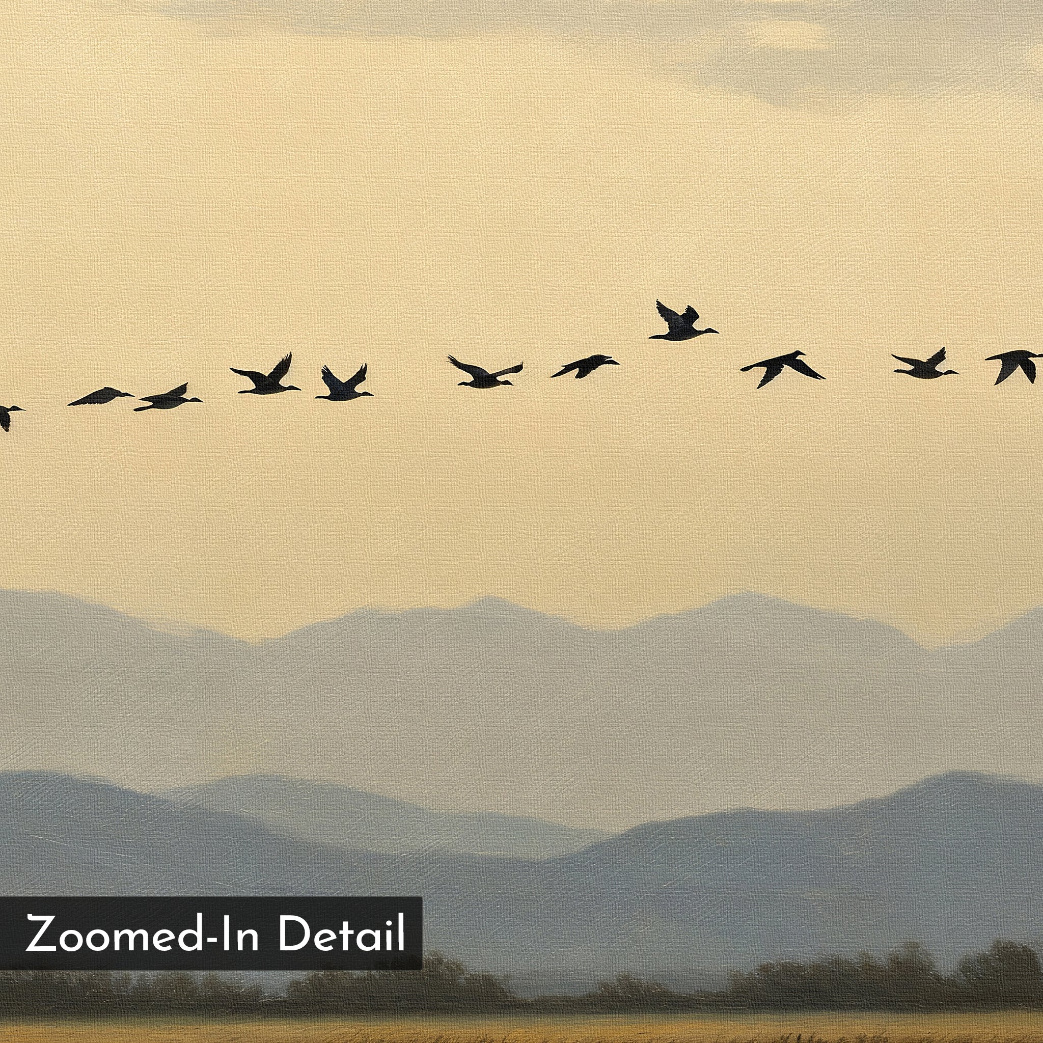 A flock of birds in formation soars above blue-gray mountains and a cloudy sky in the Distant Flight Canvas Art, featuring a “Zoomed-In Detail” label in the lower left corner.