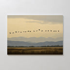 A flock of birds in V formation soars above blue mountains and grassy fields under a cloudy sky, making the Distant Flight Canvas Art perfect for adorning your Nordic Park-inspired space.