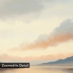 “Distant Peaks Canvas Art” features a soft, pastel landscape with a calm lake, far-off mountains, and gentle sunrise clouds. This dreamy, minimalist wall art is perfect for creating tranquil bedroom decor and includes a “Zoomed-In Detail” label.