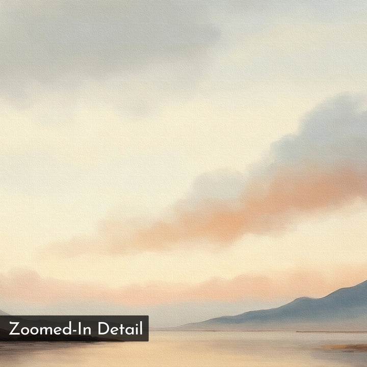 “Distant Peaks Canvas Art” features a soft, pastel landscape with a calm lake, far-off mountains, and gentle sunrise clouds. This dreamy, minimalist wall art is perfect for creating tranquil bedroom decor and includes a “Zoomed-In Detail” label.