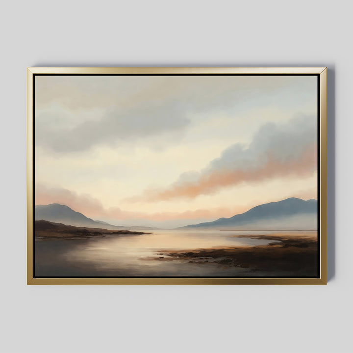 Distant Peaks Canvas Art features a serene landscape with a calm lake, distant mountains, and a pastel sky in muted earth tones—perfect minimalist wall art to elevate your living room decor.