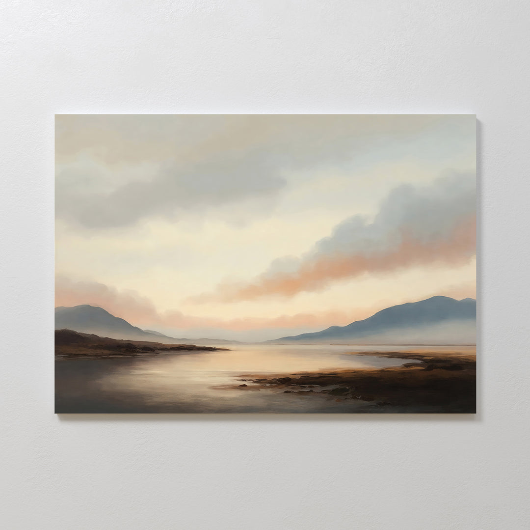 Distant Peaks Canvas Art features a serene lake and mountain landscape beneath a cloudy sky in soft pastel hues, creating a peaceful, minimalist vibe—ideal for tranquil living room decor.
