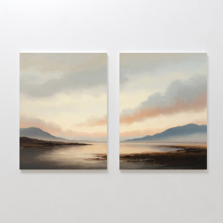 The Distant Peaks Set of 2 features minimalist canvas paintings of mountains, water, and sky in soft, muted tones—ideal for bringing a calm, serene feel to your bedroom decor.