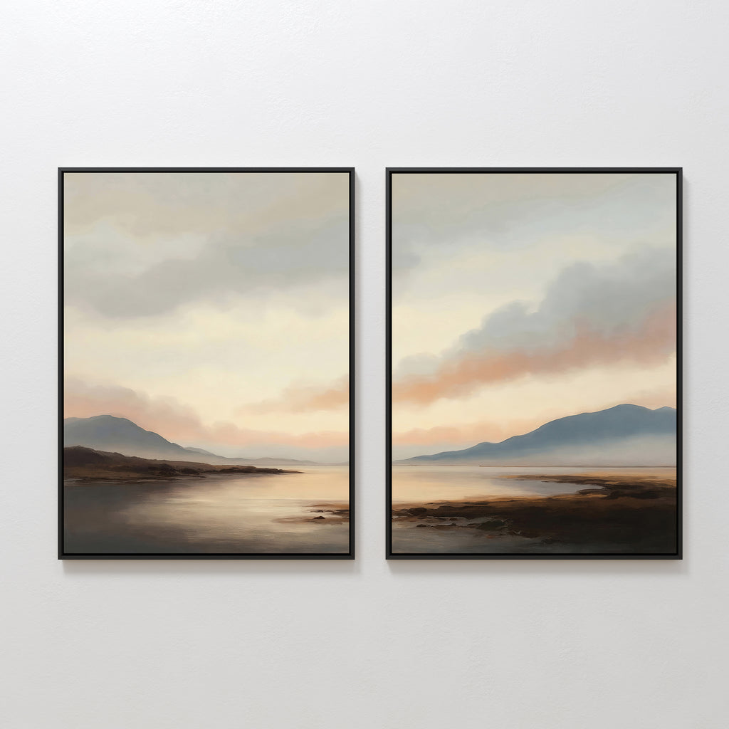 The Distant Peaks Set of 2 features framed landscape wall art showcasing a serene shoreline at sunset with calm water, distant mountains, and a pastel sky—ideal for adding elegance to your bedroom decor.